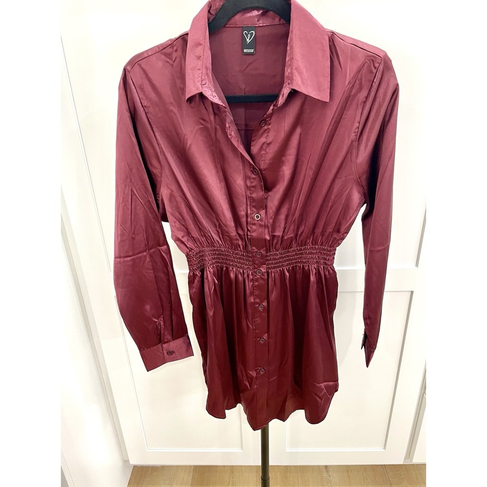 Windsor Fall Nights Satin Burgundy Button-Up Long Sleeve Short Shirt Dress Small